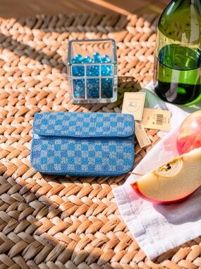 Blue Beaded Check Clutch
